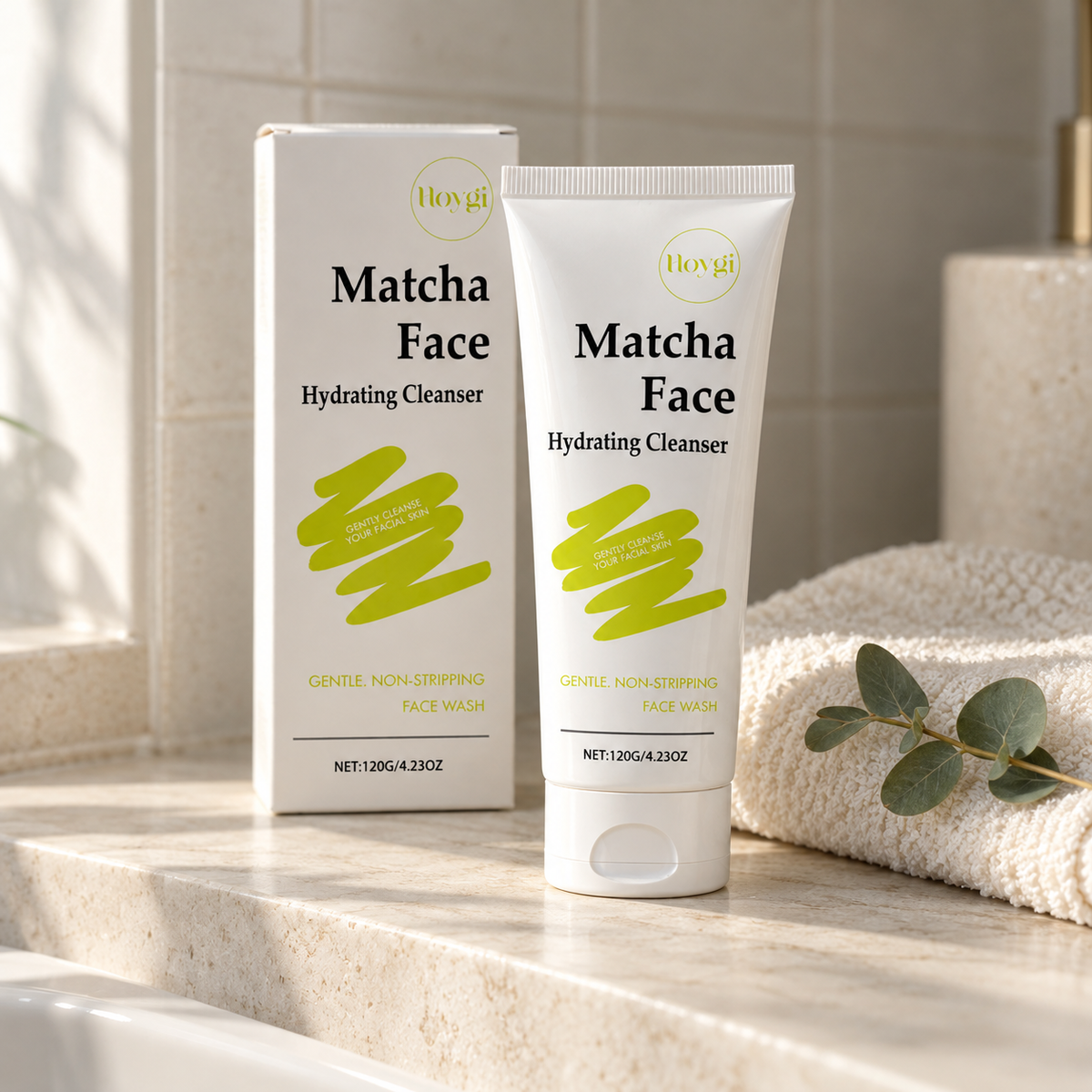 Matcha face cleanser tube and box on a bathroom shelf next to a towel and eucalyptus