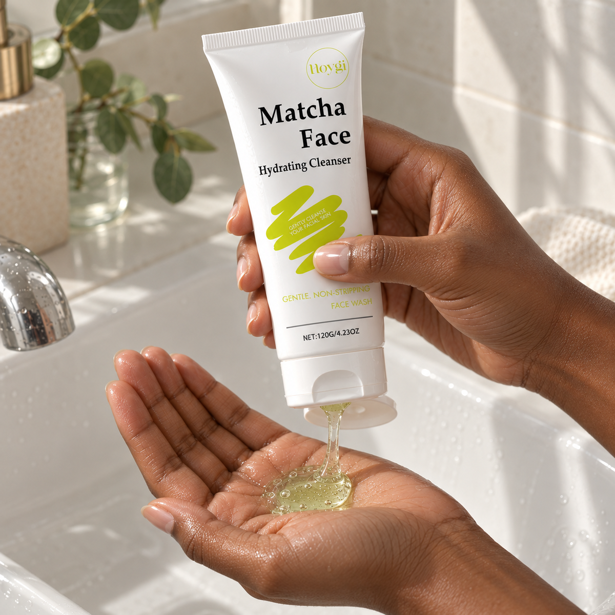 Hands dispensing matcha face cleanser gel into an open palm over a sink